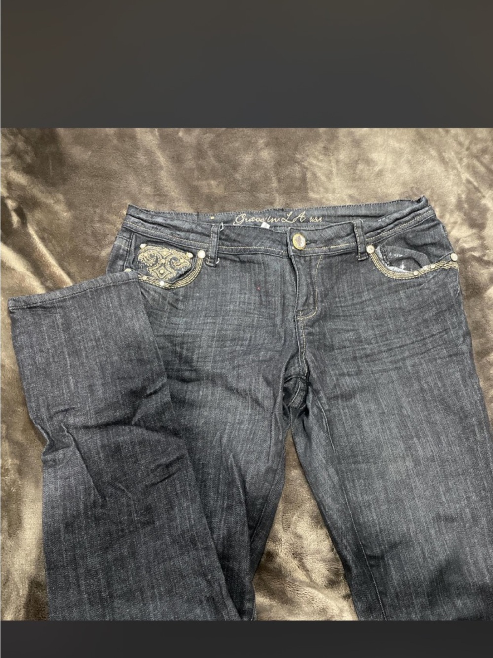 Grace in LA Dark Gray-Blue skinny Jeans with Embellished Pockets